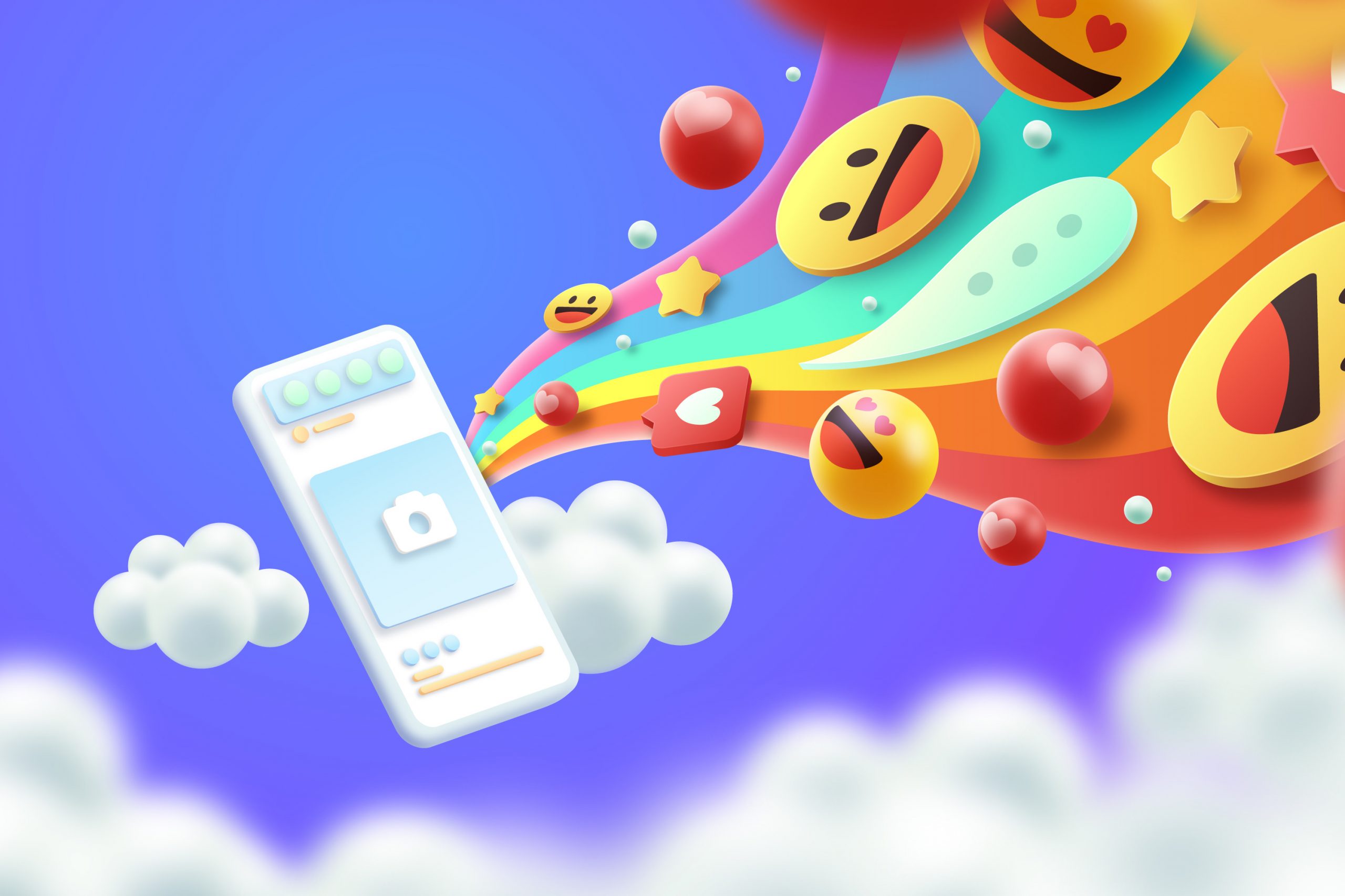 illustration d'un smartphone au milieu des nuages avec arc en ciel d'emojis